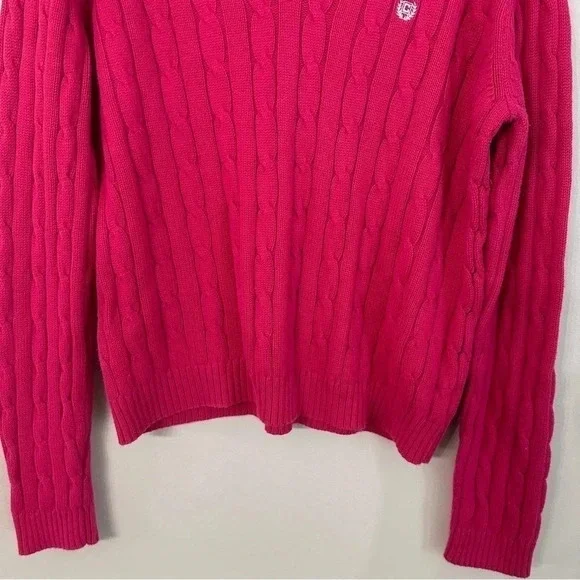 Chaps Cable Knit Hot Pink Long Sleeve V-Neck Sweater Size Large GUC - Picture 4 of 8